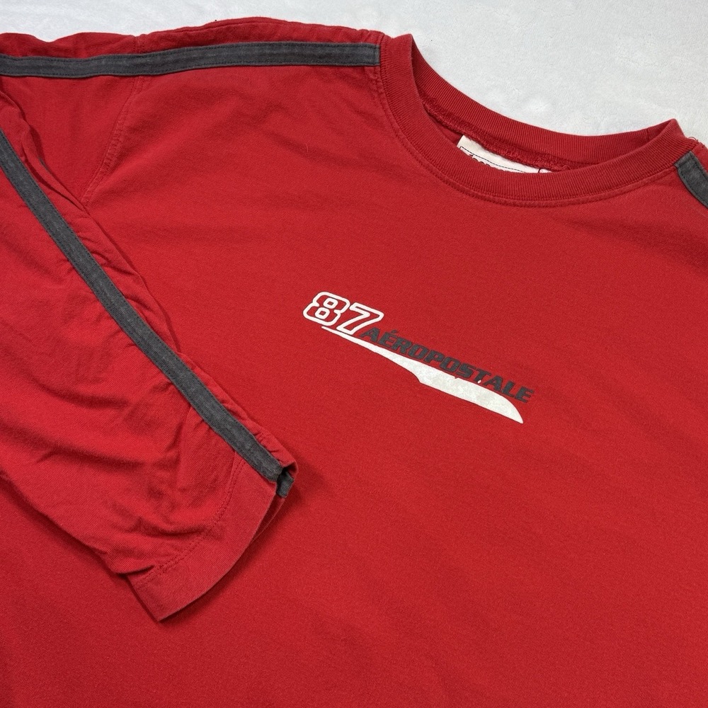 Vintage Y2K Aeropostale 87 Long Sleeve Shirt Mens Red Racing Moto Stripe